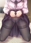  1girl black_legwear black_skirt bow bow_panties brown_hair cameltoe clothes_lift frilled_shirt frilled_shirt_collar frills gusset head_out_of_frame kneeling long_sleeves medium_hair meme_attire original panties panties_under_pantyhose pantyhose rikatan shirt skirt skirt_lift thighband_pantyhose underwear virgin_killer_outfit white_panties white_shirt 