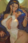  1girl bangle bare_shoulders black_hair blue_eyes bracelet breasts cleavage_cutout closed_mouth clothing_cutout covered_nipples cutesexyrobutts dress earrings eyewear_on_head feather_boa green_eyes hair_behind_ear highres jewelry large_breasts long_hair looking_to_the_side nico_robin no_panties one_piece one_piece_film_gold patreon_logo patreon_username sidelocks smile solo sunglasses tan thighs white_dress 
