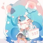  1girl aqua_flower bag baozi black_skirt blue_eyes blue_hair blush_stickers capelet chibi commentary dress eating flower food fuyuzuki_gato hair_flower hair_ornament hatsune_miku highres holding holding_food long_hair magical_mirai_(vocaloid) one_eye_closed open_mouth orange_flower shopping_bag sitting skirt solo twintails very_long_hair vocaloid white_dress white_flower 