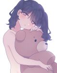  1girl absurdres black_hair commentary_request convenient_censoring doll_hug fukumaru_koito gel_p highres idolmaster idolmaster_shiny_colors looking_at_viewer nude object_hug purple_eyes solo stuffed_animal stuffed_toy teddy_bear twintails upper_body white_background 