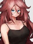 1girl android_21 blue_eyes breasts cleavage collarbone commentary_request dragon_ball dragon_ball_fighterz glasses grey_background hair_between_eyes kemachiku long_hair looking_at_viewer medium_breasts red_hair simple_background solo upper_body 