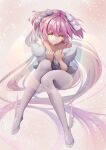  1girl absurdres alternate_costume bare_shoulders bottomless eyebrows_visible_through_hair eyes_visible_through_hair floating floating_hair full_body hair_ribbon hands_on_own_chest hands_up highres kaname_madoka legs_up long_hair looking_at_viewer mahou_shoujo_madoka_magica mesarei no_panties object_hug pillow pillow_hug pink_background pink_hair pink_legwear ribbon sitting smile solo spread_legs thighhighs transparent_wings ultimate_madoka very_long_hair white_ribbon winged_footwear yellow_eyes zettai_ryouiki 