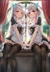  2girls apron black_legwear blush bow breasts butterfly_hair_ornament cleavage garter_straps hair_ornament highres hiragi_ringo holding_hands long_hair maid maid_apron maid_headdress matching_outfit multiple_girls original pantyhose siblings sisters thighhighs white_hair zettai_ryouiki 