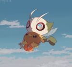  blue_eyes bright_pupils celebi cloud commentary_request dated day highres holding holding_pokemon leels looking_down no_humans outdoors pokemon pokemon_(creature) sky torchic white_pupils 