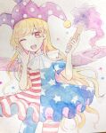  1girl american_flag_dress american_flag_legwear bangs blonde_hair blue_dress blue_pants clownpiece dress eyebrows_visible_through_hair fairy_wings fire hands_up hat highres jester_cap long_hair looking_at_viewer mozukuzu_(manukedori) multicolored_clothes multicolored_dress multicolored_pants one_eye_closed open_mouth pants pantyhose pink_eyes polka_dot purple_fire purple_headwear red_dress red_pants short_sleeves simple_background smile solo standing star_(symbol) star_print starry_background striped striped_dress striped_pants teeth tongue torch touhou traditional_media white_background white_dress white_pants wings 