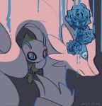  blue_eyes blue_flower bright_pupils celebi closed_mouth commentary_request dated flower grey_background leels looking_at_viewer no_humans pokemon pokemon_(creature) reshiram white_pupils 