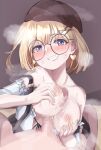  1boy 1girl absurdres bangs blonde_hair blue_eyes blush breast_squeeze breasts censored cleavage clothed_female_nude_male clothed_sex commentary earrings english_commentary erection glasses grin hair_ornament heart heart_earrings hetero highres hololive hololive_english jewelry kagami_moch large_breasts looking_at_viewer mosaic_censoring nail_polish nipples nude open_mouth paizuri penis pov round_eyewear short_hair smile solo_focus virtual_youtuber watson_amelia x_hair_ornament yellow_nails 