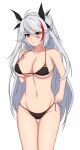  1girl absurdres azur_lane bare_shoulders bikini black_bikini black_swimsuit breasts brown_eyes cleavage closed_mouth collarbone commentary_request eyebrows_visible_through_hair feet_out_of_frame fnzz hair_ribbon highres huge_breasts long_hair looking_at_viewer multicolored_hair navel official_alternate_costume prinz_eugen_(azur_lane) prinz_eugen_(unfading_smile)_(azur_lane) ribbon silver_hair smile solo standing swimsuit white_background 