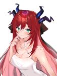  1girl absurdres atelier_live bangs black_ribbon breasts cleavage commentary dragon_girl dragon_horns english_commentary fingernails green_eyes hair_ribbon highres horns kuzuryu_io long_hair maru_ccy medium_breasts multiple_horns red_eyeliner red_hair red_nails ribbon sharp_fingernails sketch smile solo virtual_youtuber 