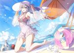  1girl :d amamiya_chitose ball bangs bare_shoulders barefoot beach beach_chair beach_umbrella beachball bird blue_eyes blue_sky blush bow breasts bucket bullet_code:_firewall cloud covered_navel day dengeki_bunko dutch_angle eyebrows_visible_through_hair flower frilled_swimsuit frills full_body hair_bow hat hat_ribbon holding holding_clothes holding_hat kneeling leg_ribbon light_purple_hair long_hair looking_at_viewer low_twintails medium_breasts mountainous_horizon official_art one-piece_swimsuit open_mouth outdoors petals purple_ribbon ribbon sand_castle sand_sculpture scrunchie sky smile solo sun_hat swimsuit thighs twintails umbrella wattaro white_bow white_flower white_headwear white_ribbon wrist_scrunchie yellow_scrunchie 