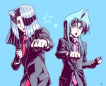  2boys aqua_eyes aqua_hair bad_id bad_pixiv_id black_jacket blue_background business_suit clenched_hand collared_shirt formal hair_over_one_eye jacket long_sleeves multiple_boys necktie open_mouth pegasus_j_crawford pink_neckwear red_neckwear shirt silver_hair simple_background star_(symbol) suit tenma_yako tsuukounin_a upper_body white_shirt yu-gi-oh! yu-gi-oh!_r 