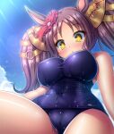  +_+ 1girl :o animal_ears blush breasts brown_hair cameltoe hairband horse_ears horse_girl large_breasts lens_flare long_hair marvelous_sunday_(umamusume) old_school_swimsuit one-piece_swimsuit oppai_loli school_swimsuit solo sunlight swimsuit takeponi taut_clothes taut_swimsuit thighs twintails umamusume wet wet_clothes yellow_eyes 