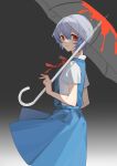  1girl absurdres ayanami_rei blood blue_hair blue_skirt closed_mouth commentary cowboy_shot expressionless from_side gradient gradient_background grey_background hair_between_eyes highres holding holding_umbrella looking_at_viewer neck_ribbon neon_genesis_evangelion oldestyukari red_eyes red_ribbon ribbon school_uniform shirt short_hair short_sleeves skirt solo suspender_skirt suspenders tokyo-3_middle_school_uniform_(evangelion) transparent transparent_umbrella umbrella white_shirt 