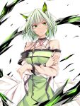  1girl animal_ear_fluff animal_ears arknights bangs cat_ears cat_girl closed_mouth crossed_arms dress green_dress green_eyes green_hair highres kal&#039;tsit_(arknights) looking_at_viewer mon3tr_(arknights) off-shoulder_dress off_shoulder oripathy_lesion_(arknights) short_hair solo suterii 
