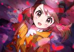  1girl absurdres bangs black_headwear blurry blush brown_eyes brown_hair commentary_request dynamax_band expedition_uniform eyelashes gloria_(pokemon) gloves helmet highres jacket looking_at_viewer open_mouth orange_jacket pokemon pokemon_(game) pokemon_swsh pon_yui shiny shiny_hair smile solo strap tongue upper_body 