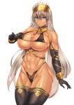  1girl abs bangs bare_shoulders bikini black_bikini black_gloves black_legwear blue_eyes breasts chain cleavage crown cuffs dark-skinned_female dark_skin earrings elbow_gloves fate/grand_order fate_(series) gloves grey_hair highleg highleg_bikini highres jewelry large_breasts long_hair looking_at_viewer navel neck_ring swimsuit thighhighs thighs tomliat zenobia_(fate) 