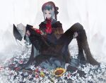  2girls black_headwear blood blood_on_clothes bloodborne bonnet carrying closed_eyes commentary death doll dying flower lady_maria_of_the_astral_clocktower multiple_girls plain_doll red_headwear silver_hair sunflower syokuuuuuuuuumura the_old_hunters 