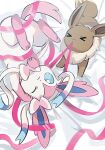  &gt;_&lt; anzu_(01010611) blue_eyes closed_mouth eevee frown highres lying mouth_hold no_humans on_back one_eye_closed pokemon pokemon_(creature) pulling ribbon sylveon symbol-only_commentary toes 