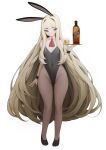  1girl absurdres alcohol animal_ears bangs bare_shoulders black_legwear black_leotard blonde_hair blue_eyes blush bottle commentary commission covered_navel cup dated_commentary detached_collar drinking_glass eyebrows_visible_through_hair flat_chest full_body highres leotard long_hair looking_at_viewer mole mole_under_eye original pantyhose playboy_bunny rabbit_(wlsdnjs950) rabbit_ears rabii simple_background solo strapless strapless_leotard tray very_long_hair whiskey white_background 