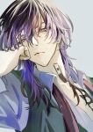  1boy bangs black_hair black_vest chest_tattoo closed_mouth ear_piercing grey_background hair_between_eyes haitani_rindou hand_up head_rest highres long_hair looking_at_viewer male_focus multicolored_hair neck_tattoo necktie ogura_aoi open_clothes open_shirt piercing purple_eyes purple_hair purple_shirt red_necktie shirt simple_background solo tattoo tokyo_revengers two-tone_hair upper_body vest 