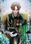  1boy artist_name brown_hair cape commission dabong epaulettes gloves green_cape green_eyes highres long_sleeves male_focus medal original outstretched_hand prince rainbow short_hair solo sparkle statue twitter_username uniform watermark white_gloves 
