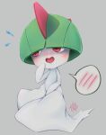  blush commentary_request flying_sweatdrops full_body grey_background highres kireiaiga looking_away nervous_smile open_mouth pokemon pokemon_(creature) ralts red_eyes signature simple_background solo spoken_blush tongue 