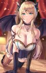  1girl all_fours amagi_korona bangs blonde_hair blue_eyes breasts cleavage commentary_request crawling demon_girl demon_horns demon_wings elbow_gloves gloves halloween halloween_costume hanging_breasts highres horns large_breasts looking_at_viewer original skirt sleeveless solo thighhighs wings 