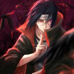  1boy akatsuki_(naruto) akatsuki_uniform black_coat black_hair closed_mouth coat collarbone forehead_protector headband highres kirin_13 long_sleeves looking_at_viewer male_focus mangekyou_sharingan naruto naruto_(series) ninja red_eyes sharingan shiny shiny_hair short_hair solo uchiha_itachi 