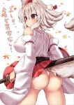 1girl animal_ears ass bangs blurry breasts closed_mouth commentary_request depth_of_field detached_sleeves eyebrows_visible_through_hair falling_leaves from_behind hat holding holding_sword holding_weapon inubashiri_momiji large_breasts leaf looking_to_the_side maple_leaf onomiya panties pom_pom_(clothes) red_eyes red_headwear red_skirt shirt simple_background skirt solo sword tail tokin_hat touhou translation_request underwear v-shaped_eyebrows weapon white_background white_panties white_shirt wide_sleeves wolf_ears wolf_tail 