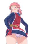  1girl absurdres arad_baranga blush breasts brown_eyes circlet closed_mouth dragon_quest dragon_quest_dai_no_daibouken dress gloves highres looking_at_viewer maam panties pink_hair short_hair simple_background solo underwear white_background white_panties 