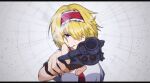  1girl aiming_at_viewer alice_margatroid bangs blonde_hair blue_eyes capelet cigarette closed_mouth commentary cookie_(touhou) english_commentary frilled_hairband frills gun hair_between_eyes hair_over_one_eye hairband handgun holding holding_gun holding_weapon jigen_(cookie) looking_at_viewer nanariku necktie red_hairband red_necktie revolver second-party_source short_hair smoking solo touhou upper_body weapon white_capelet 