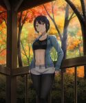  1girl :o autumn bangs black_hair black_legwear black_sports_bra blue_jacket breasts collarbone commentary_request cowboy_shot dolphin_shorts eyebrows_visible_through_hair hair_between_eyes hashi jacket leaning_on_rail leggings legwear_under_shorts medium_breasts midriff navel open_clothes open_jacket original partial_commentary purple_eyes railing short_hair short_shorts shorts sidelocks sleeves_past_wrists solo sports_bra standing sweat tomboy toned track_jacket tree white_shorts zipper zipper_pull_tab 