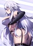  1girl absurdres ass bandaged_arm bandages bangs breasts cowboy_shot fate/apocrypha fate_(series) garter_straps grey_eyes hair_between_eyes highres ibuki_notsu jack_the_ripper_(fate/apocrypha) large_breasts long_hair looking_at_viewer nail_polish older parted_lips pink_nails scar scar_across_eye shoulder_tattoo silver_hair solo standing tattoo thighs very_long_hair 