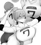  1girl arms_up ass blush breasts collarbone commentary_request compression_sleeve greyscale hair_ornament hairclip huge_breasts large_breasts mole mole_on_armpit mole_under_mouth monochrome multiple_views original short_hair shorts sian sportswear sweat volleyball_uniform 