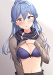  1girl akahi242 blue_bra blue_eyes blue_hair blush bow bow_bra bra breasts brown_shirt eyebrows_visible_through_hair gotland_(kancolle) hair_between_eyes highres kantai_collection long_hair long_sleeves medium_breasts mole mole_under_eye navel shirt solo tongue tongue_out underwear upper_body 