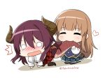  2girls =_= ^^^ all_fours anne_(shingeki_no_bahamut) bangs biting blonde_hair blunt_bangs blush breasts brown_hair chibi dragon_girl dragon_horns dragon_tail eyebrows_behind_hair eyebrows_visible_through_hair felutiahime grea_(shingeki_no_bahamut) hair_between_eyes heart hime_cut holding_another&#039;s_tail holding_tail horns long_hair long_sleeves manaria_friends multiple_girls nose_blush o_o plaid plaid_skirt pleated_skirt purple_eyes shingeki_no_bahamut short_hair simple_background sitting skirt smile tail tail_in_mouth tears thighhighs white_background yuri 