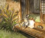 animal architecture autumn berry_jou bunny dango east_asian_architecture food no_humans original painting_(medium) plant traditional_media tsukimi tsukimi_dango wagashi watercolor_(medium) 