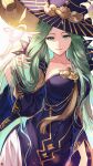  1girl adjusting_hair alternate_costume breasts commentary dress fire_emblem fire_emblem:_three_houses fire_emblem_heroes green_eyes green_hair hair_flip halloween halloween_costume hand_in_hair hat highres large_breasts long_hair looking_at_viewer nakabayashi_zun official_alternate_costume rhea_(fire_emblem) smile solo very_long_hair witch witch_hat 