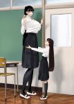  2girls bangs black_legwear breasts classroom commentary_request happy height_difference high-waist_skirt highres hiramedousa huge_breasts light_blush long_hair long_skirt looking_at_another looking_down looking_up multiple_girls open_mouth original pantyhose ponytail school_uniform shirt_tucked_in simple_background size_difference skirt smile socks tall_female very_long_hair yuri 