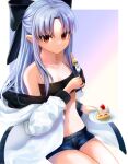  1girl abc03219 bangs black_bandeau black_hairband blue_hair blue_shorts breasts cake cleavage collarbone commission denim denim_shorts food fork hair_between_eyes hairband highres holding holding_fork holding_plate len_(tsukihime) long_hair midriff navel parted_lips plate pointy_ears red_eyes shiny shiny_hair short_shorts shorts sitting skeb_commission small_breasts solo stomach tsukihime very_long_hair 