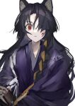  1girl animal_ears arknights black_hair blood blood_on_face braid commentary_request dog_ears facial_mark forehead_mark hair_over_one_eye highres japanese_clothes kimono long_hair looking_at_viewer nanaponi parted_lips purple_kimono red_eyes ribbon ribbon_braid saga_(arknights) side_braid simple_background solo upper_body white_background yellow_ribbon 