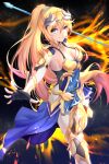  1girl armor armpits bangs bianka_durandal_ataegina bianka_durandal_ataegina_(dea_anchora) blonde_hair blue_eyes breasts cleavage closed_mouth fingerless_gloves fire gauntlets gloves greaves hair_between_eyes hair_ornament highres holding holding_polearm holding_weapon honkai_(series) honkai_impact_3rd lanceralter1 leg_up long_hair looking_at_viewer outstretched_arm polearm ponytail sleeveless solo spear weapon 