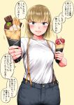  ! 1girl bangs blonde_hair blue_eyes blunt_bangs candy character_request chocolate chocolate_bar commentary_request copyright_request cowboy_shot cream crepe dot_nose food fruit highres kumaneko solo spoken_exclamation_mark straight-on straight_hair strawberry talking translation_request 