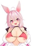  1girl ahoge animal_ears areola_slip areolae bangs bikini black_choker blush breasts choker collarbone denpaken_pochi highres large_breasts long_hair looking_at_viewer multicolored_hair navel nipple_slip nipples open_clothes open_mouth original pink_hair purple_hair rabbit_ears red_bikini red_eyes simple_background smile solo streaked_hair swimsuit white_background 