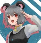  1girl animal_ears bangs capelet character_name commentary_request cookie_(touhou) crystal dare_who_zzzz drop_shadow eyebrows_visible_through_hair grey_hair grey_vest jewelry long_sleeves looking_to_the_side mouse_ears mouse_girl nazrin nyon_(cookie) open_mouth pendant red_eyes shirt short_hair smile solo touhou upper_body vest white_capelet white_shirt 