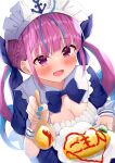  1girl :d absurdres ahoge anchor_symbol azuremo bangs blue_bow blue_bowtie blue_dress blue_hair blue_nails blue_ribbon blunt_bangs blush bow bowtie braid breasts cleavage colored_inner_hair dress drill_hair fingernails food framed_breasts french_braid hair_ribbon highres hololive incoming_food large_breasts long_hair looking_at_viewer maid maid_headdress minato_aqua multicolored_hair nail_polish omurice open_mouth puffy_short_sleeves puffy_sleeves purple_eyes purple_hair ribbon short_dress short_sleeves sidelocks smile solo streaked_hair twin_drills twintails two-tone_hair virtual_youtuber wrist_cuffs 