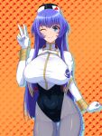  1girl blue_hair breasts capelet highleg highres kemurin kidou_senkan_nadesico large_breasts leotard long_hair misumaru_yurika pantyhose solo uniform v very_long_hair white_capelet 