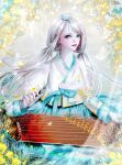  1girl aqua_bow aqua_eyes bangs bow bug butterfly dabong floral_print flower gayageum_(instrument) hanbok highres instrument korean_clothes leaf lens_flare long_hair long_sleeves music original petals playing_instrument solo sparkle swept_bangs twintails watermark white_butterfly yellow_flower zither 