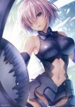  1girl armor armored_leotard artist_name ass_visible_through_thighs backlighting bangs bare_shoulders black_armor black_leotard breasts clothing_cutout commentary_request cowboy_shot elbow_gloves eyebrows_visible_through_hair fate/grand_order fate_(series) faulds gloves glowing groin_tendon hagino_kouta hair_over_one_eye halterneck highres impossible_clothes impossible_leotard legs_apart leotard light_purple_hair looking_at_viewer mash_kyrielight medium_breasts navel navel_cutout parted_lips photoshop_(medium) purple_eyes revision shield short_hair skin_tight solo standing straight_hair thigh_strap thighs turtleneck 
