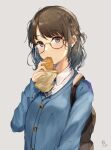  1girl absurdres backpack bag bangs blue_cardigan blue_eyes blue_necktie blush braid brown_hair cardigan collared_shirt commentary_request dress_shirt eating food food_in_mouth glasses grey_background hand_up highres hisao_0111 holding holding_food long_sleeves looking_at_viewer necktie original school_uniform shirt short_hair signature simple_background solo taiyaki wagashi white_shirt 